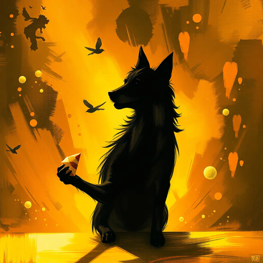 canine silhouette, delicacy consumption, vibrant brushstrokes, playful essence, rich textures, whimsy and delight, baroque influence, warm golden hues, dynamic motion, contrasting elements, exquisite detail, fantasy elements, joyful ambiance, culinary exploration, surreal presentation, lively depiction, ethereal light, imaginative composition, emotive expression