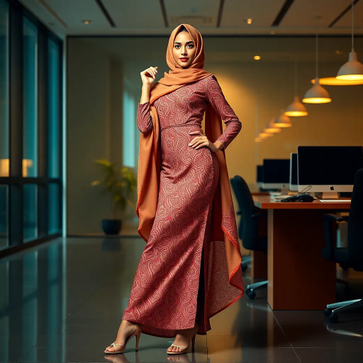 Arab woman, elegant hijab, professional setting, modern workplace, high heels, Middle Eastern culture, contemporary art, intricate patterns, vibrant colors, soft lighting, dynamic pose, cultural expression, delicate fabrics, office environment, confident demeanor, sophisticated fashion, grace and poise, diverse representation, cultural fusion, empowerment, modernism, Impressionism influences, human form, balance and harmony, Jean-Michel Basquiat inspiration, vibrant brushstrokes, Henri Matisse color palette, delicate textures, fluid movement, artistic elegance, cultural symbolism, refined composition, elegance and sophistication, bold patterns