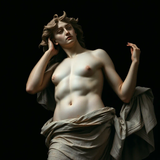 serene figure, Michelangelo influence, Renaissance elegance, chiaroscuro lighting, intricate detail, rich textures, emotional resonance, timeless presence, muted color palette, dynamic composition, classical posing, surreal elements, contemplative expression, atmospheric depth, flowing form