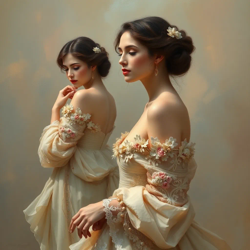 elegant femmes, graceful posture, intricate fashion, ethereal beauty, soft lighting, romantic era, impressionistic brushstrokes, pastel hues, delicate textures, feminine elegance, serene expressions, renaissance influences, flowing fabrics, atmospheric composition, refined aesthetics, timeless allure, enchanting aura, subtle movement, classical themes, Claude Monet, Alphonse Mucha, luminosity, Baroque influences, visual poetry, delicate whispers, chiaroscuro, enchanting elegance, ephemeral grace, emotional resonance