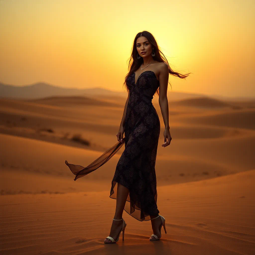 alluring Arab beauty, elegant poise, high heels, Henri Matisse and Yves Saint Laurent inspirations, modern elegance, desert oasis and professional setting, golden hour and chiaroscuro lighting, vibrant warm tones, luxurious textures, intricate and traditional Middle Eastern patterns, exotic allure, cultural richness, flowing lines, sensual movement, feminine power, refined and timeless grace, harmonious romantic ambiance, visual poetry, captivating and seductive composition, ethereal mood, desert mirage, artistic flair, expressive body language, sophisticated minimalism, textural contrast, dynamic perspective, poised demeanor, artistic serenity, contemporary realism, nuanced textures, stylish composition