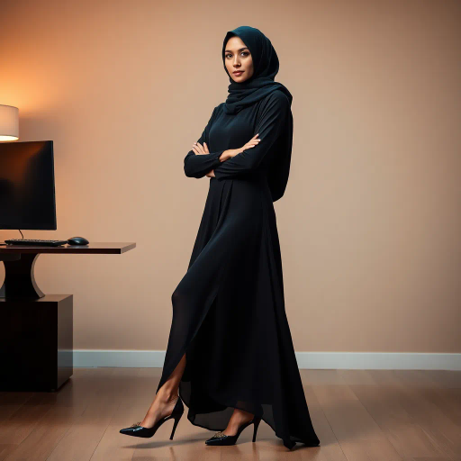 Arab woman, elegant hijab, professional setting, modern workplace, high heels, Middle Eastern culture, contemporary art, intricate patterns, vibrant colors, soft lighting, dynamic pose, cultural expression, delicate fabrics, office environment, confident demeanor, sophisticated fashion, grace and poise, diverse representation, cultural fusion, empowerment, modernism, Impressionism influences, human form, balance and harmony, Jean-Michel Basquiat inspiration, vibrant brushstrokes, Henri Matisse color palette, delicate textures, fluid movement, artistic elegance, cultural symbolism, refined composition, elegance and sophistication, bold patterns