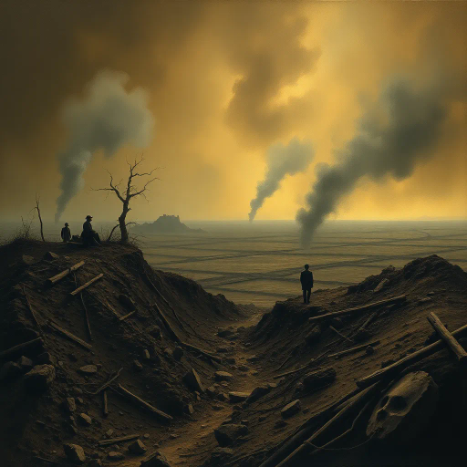 WW1 shell hole, haunting landscape, ruinous earth, trench war remnants, muddy textures, smoke-infused skies, somber atmosphere, historical echoes, dramatic chiaroscuro, war-torn memories, intricate details, Ernst Ludwig Kirchner influence, expressionist undertones, desolate expanse, juxtaposition of life and decay, symbolism of conflict, muted earth tones, organic compositions, narrative storytelling, ethereal light, ominous horizon, atmospheric perspective, reflective surfaces, cultural memory, evocative emotional depth, eerie luminosity, spectral figures, surreal dimensions, art deco elements, dreamlike narrative, ghostly apparitions, hyper-detailed brushwork, melancholic shading, chiaroscuro interplay