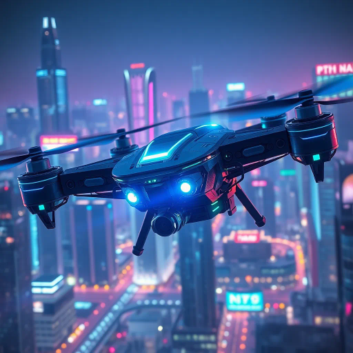 futuristic drone, dynamic angles, sleek design, neon lights, cyberpunk aesthetic, intricate circuitry, high-tech machinery, electric blue and neon green, atmospheric glow, detailed textures, technological marvel, advanced robotics, hovering in motion, urban skyline backdrop, digital era influence, ambient lighting, science fiction, speed and agility, engineering brilliance, concept art, visionary design, cutting-edge innovation, cityscape reflections, tech-inspired composition, Blade Runner influence, digital artistry, vibrant color palette, luminescent highlights, futuristic metropolis, hyper-detailed structures, technological utopia, electric hues, cinematic feel, visionary futurism, retro-futuristic elements