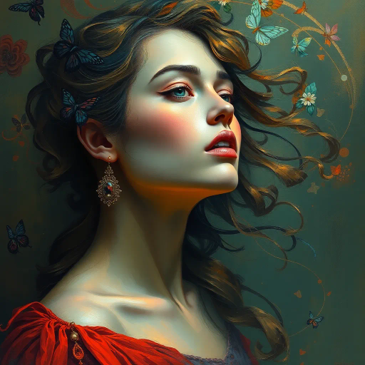 ethereal woman, renaissance lighting, dramatic contrasts, vibrant hues, delicate textures, impressionist influences, emotionally evocative, modern twist, surrealism undertones, dynamic composition, fluid movement, Baroque era inspiration, intricate details, fantastical elements, cultural richness, harmonious balance, mythical aura, expressive gesture, lively ambiance, magical realism, soft brushstrokes, timeless beauty