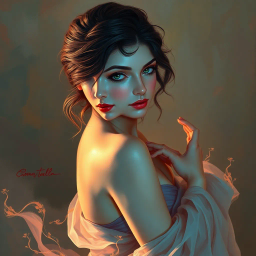 elegant women, graceful, ethereal, renaissance influence, chiaroscuro lighting, vibrant palette, fluid movement, delicate expressions, soft pastels, intricate detailing, romanticism, elegant poses, enchanting atmosphere, soft focus, ethereal glow, impressionist techniques, serene mood, brush stroke texture, harmony, contemplative mood, timeless beauty, captivating gaze, dreamlike composition, femme fatale aura, gentle curves, baroque elements