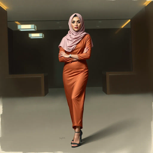 Arab woman, elegant hijab, professional setting, modern workplace, high heels, Middle Eastern culture, contemporary art, intricate patterns, vibrant colors, soft lighting, dynamic pose, cultural expression, delicate fabrics, office environment, confident demeanor, sophisticated fashion, grace and poise, diverse representation, cultural fusion, empowerment, modernism, Impressionism influences, human form, balance and harmony, Jean-Michel Basquiat inspiration, vibrant brushstrokes, Henri Matisse color palette, delicate textures, fluid movement, artistic elegance, cultural symbolism, refined composition, elegance and sophistication, bold patterns