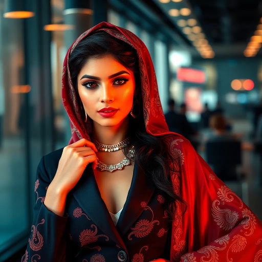 elegant Arab woman, professional attire, hijab, modern workplace, high heels, contrasting cultural fusion, vibrant Middle Eastern influences, contemporary art style, dynamic composition, intricate patterns, vibrant color palette, soft ambient lighting, dynamic posing, cultural expression, delicate textiles, confident and empowering presence, grace, poise, diverse representation, fusion of modern and traditional elements, Impressionism influences, human form depiction, advanced digital techniques, refined textures, bold symbolism, artistic influences, balance, harmony, surreal lighting, empowered femininity, Gustav Klimt inspiration, Art Nouveau elegance, intricate detailing, cultural narrative, sophisticated sophistication, modernism, representation and empowerment