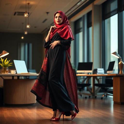 elegant Arab lady, wearing a hijab, professional setting, modern office, sophisticated heels, intricate details, inspired by Gustav Klimt, contemporary Middle Eastern art, vibrant colors, chiaroscuro lighting, dynamic composition, cultural symbolism, graceful movement, warm color palette, 21st-century workspace, empowering presence, sleek textures, harmonious balance, nuanced expressions, artistic storytelling, influenced by Islamic art, intricate patterns, blending tradition and modernity