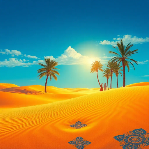 Serene, desert landscape, flowing sands, vibrant, Middle-Eastern motifs, intricate, arabesque patterns, striking color palette, azure skies, golden sands, gently swaying palms, cultural fusion, Henri Rousseau, Henri Matisse, warm lighting, dreamlike, mystical atmosphere, immersive perspective, delicate fabrics, flowing lines, vibrant details, elegance, grace, dynamic composition, tranquil ambiance, sunlit scene, artistic synthesis, exotic, bold textures, ornate, symbolism, lush, art nouveau, ethereal