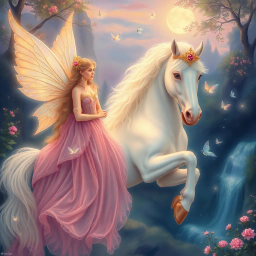 mythical unicorn, enchanting fairies, regal princess, ethereal glow, soft pastels, dreamlike landscape, intricate detail, romanticism, whimsical essence, magical realism, baroque influences, delicate brushstrokes, shimmering textures, enchanted forest, twilight ambiance, ethereal beauty, imaginative composition, vibrant flora, surreal atmosphere, celestial light, fairytale dimension, mythical creatures, gentle aura, serene emotion, opulent attire, mystical symbolism, fantasy narrative, luminous glow, Arthur Rackham, moonlit scenery, shimmering waterfalls, storybook charm, celestial aura, timeless fantasy, fairytale whimsy, iridescent tones, mystical ambiance, stardust, luminescent wings