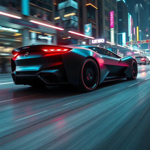 sleek futuristic car, neon lights, matte finish, cyberpunk cityscape, dynamic composition, vibrant colors, atmospheric lighting, speed and motion, 21st-century innovation, reflective surfaces, metallic textures, urban landscape, technological advancements, aerodynamic design, perspective distortion, cinematic framing, kinetic energy, movement and flow, modernism, urban exploration, imaginative transportation