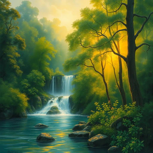 lush landscapes, ethereal forests, nature's embrace, vibrant greens, cascading waterfalls, serene lakes, Andrew Wyeth influences, impressionistic brushstrokes, golden sunlight filtering through trees, bioluminescent details, tranquility, harmonious wildlife, ethereal mists, fairy-tale atmosphere, dreamlike realism, rich textures, botanical motifs, intricate foliage, magical realism, whimsical creatures, earthy tones, dynamic skies, glowing hues, organic patterns, immersive experience, serenity, peaceful ambiance, natural wonder, timeless beauty