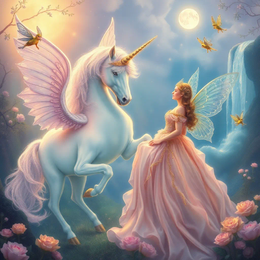 mythical unicorn, enchanting fairies, regal princess, ethereal glow, soft pastels, dreamlike landscape, intricate detail, romanticism, whimsical essence, magical realism, baroque influences, delicate brushstrokes, shimmering textures, enchanted forest, twilight ambiance, ethereal beauty, imaginative composition, vibrant flora, surreal atmosphere, celestial light, fairytale dimension, mythical creatures, gentle aura, serene emotion, opulent attire, mystical symbolism, fantasy narrative, mystical forest, Johan Christian Dahl, ethereal luminosity, dreamy composition, fantasy realism, ethereal palette, celestial landscape, Arthur Rackham, luminescent wings, flowing gowns, moonlit scenery, shimmering waterfalls, storybook charm, iridescent tones, enchanting realm, mystical ambiance, celestial aura, timeless fantasy