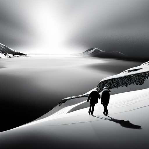 surrealism, winter, playful, grayscale, Arctic animals, animation, looping, ice skating, sliding, comedy
