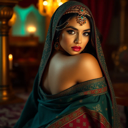 Arabian beauty, elegant curves, alluring pose, exotic allure, rich fabric textures, sultry ambiance, Middle Eastern influence, vibrant jewel tones, warm desert illumination, seductive gaze, cultural fusion, intricate patterns, modern grace, alluring mystery, captivating atmosphere, luxurious depth, refined elegance, timeless allure, dynamic composition, artistic sensuality, inspired by Alphonse Mucha, evocative symmetry, radiant skin, opulent setting