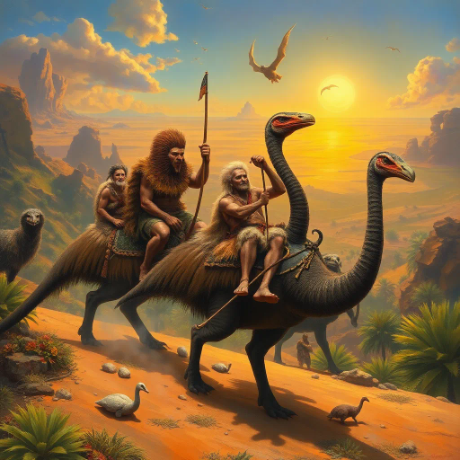 prehistoric warriors, wearing animal pelts, riding dinosaur-like cassowaries, oasis landscape, expansive desert horizon, vibrant colors, surrealism, Jean Giraud influence, dramatic lighting, intricate textures, ancient mythology, dynamic movement, exotic flora, atmospheric depth, natural elements, storytelling composition, whimsical creatures, epic scale, cultural symbolism, imaginative world-building, fantastical adventure, expressive brushstrokes, adventurous mood