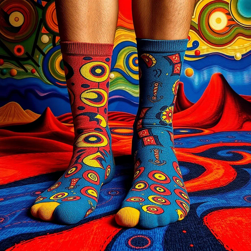 vibrant socks, surrealism, Salvador Dalí, dynamic color palette, whimsical patterns, textured fabric, playful composition, pop art influence, abstract expressionism, bold outlines, imaginative shapes, floating forms, dreamlike landscape, artistic spontaneity, kaleidoscope effect, modern twist, intricate details, vivid contrasts, ethereal atmosphere, reflective surfaces, lively mood, visual rhythm, eclectic design, unexpected textures, futuristic elements, immersive scene