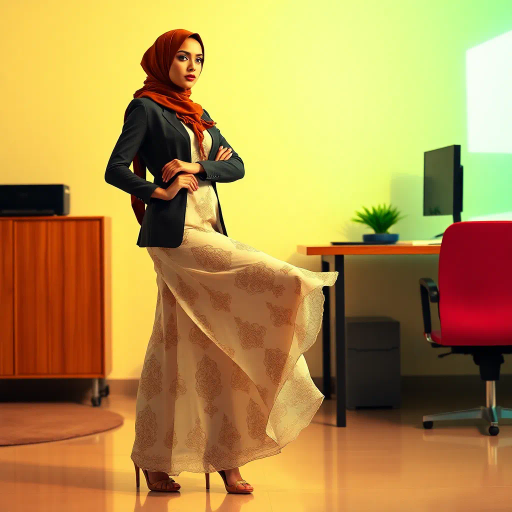elegant Arab woman, professional attire, hijab, modern workplace, high heels, contrasting cultural fusion, vibrant Middle Eastern influences, contemporary art style, dynamic composition, intricate patterns, vibrant color palette, soft ambient lighting, dynamic posing, cultural expression, delicate textiles, confident and empowering presence, grace, poise, diverse representation, fusion of modern and traditional elements, Impressionism influences, human form depiction, advanced digital techniques, refined textures, bold symbolism, artistic influences, balance, harmony, surreal lighting, empowered femininity, Gustav Klimt inspiration, Art Nouveau elegance, intricate detailing, cultural narrative, sophisticated sophistication, modernism, representation and empowerment