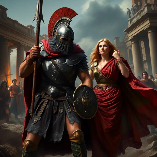 Visigothic warrior, Roman lady, Sack of Rome 410CE, epic historical scene, dramatic lighting, chiaroscuro, intricate armor details, flowing Roman garments, realism, dynamic composition, intense mood, historical figures, late antiquity, turbulent atmosphere, powerful symbolism, conflict and culture clash, intense emotions, classical architecture, ruin and decay, grand scale, meticulous textures, tension and movement, aged patina, historical authenticity, evocative storytelling, warriors in action, contrast and harmony, rich color palette, accurate period costumes