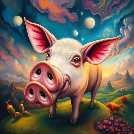surreal pig, Salvador Dali influence, whimsical dreamscape, vibrant hues, flowing textures, ethereal lighting, abstract forms, mythical creature essence, dreamy atmosphere, lush landscapes, painterly brushstrokes, imaginative storytelling, otherworldly beauty, detailed craftsmanship, whimsical narrative, playful scale, bizarre proportions, fantastical setting, artistic whimsy