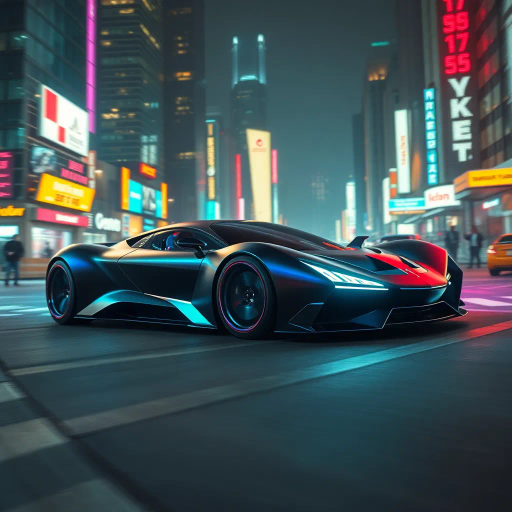 sleek futuristic car, neon lights, matte finish, cyberpunk cityscape, dynamic composition, vibrant colors, atmospheric lighting, speed and motion, 21st-century innovation, reflective surfaces, metallic textures, urban landscape, technological advancements, aerodynamic design, perspective distortion, cinematic framing, kinetic energy, movement and flow, modernism, urban exploration, imaginative transportation