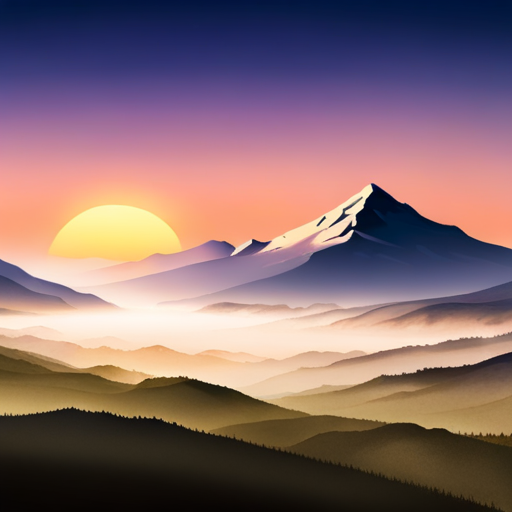 mountain range, landscape, vastness, retreat, cabin, nature, calmness, tranquility, misty, sunrise, color gradient, painterly