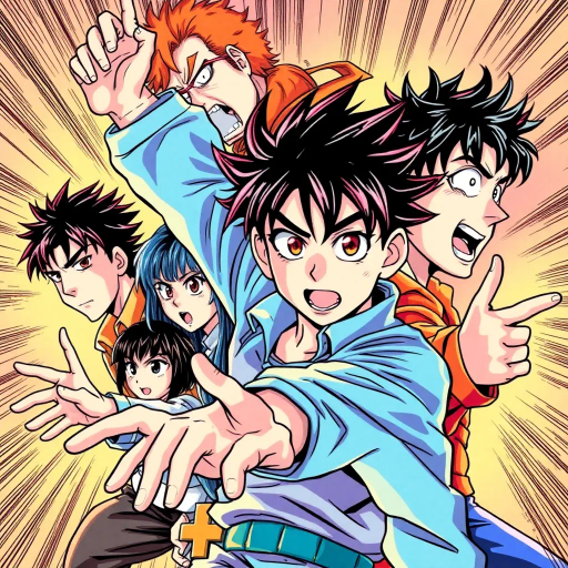 manga, vibrant colors, dynamic poses, detailed linework, expressive characters, dramatic lighting, Japanese influence, Shonen style, cell shading, youthful energy, panel composition, action sequences, storytelling, emotional depth, modern manga artists, cultural themes, imaginative worlds, bold outlines, captivating narrative