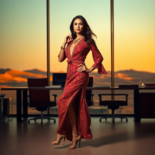 alluring Arab beauty, elegant Arab woman, professional setting, high heels, Henri Matisse inspiration, Yves Saint Laurent influence, modern elegance, desert oasis backdrop, office environment, golden hour lighting, chiaroscuro lighting, vibrant colors, warm earth tones, luxurious textures, intricate patterns, traditional Middle Eastern motifs, exotic allure, cultural richness, flowing lines, sensual movement, feminine power, refined grace, harmonious composition, romantic ambiance, visual poetry, timeless grace, captivating portraits, seductive composition, ethereal mood, desert mirage, artistic flair, Arabic cultural motifs, expressive body language, sophisticated minimalism, textured contrast, dynamic perspective, poised demeanor, artistic serenity, contemporary realism, nuanced textures, stylish composition, cultural elegance