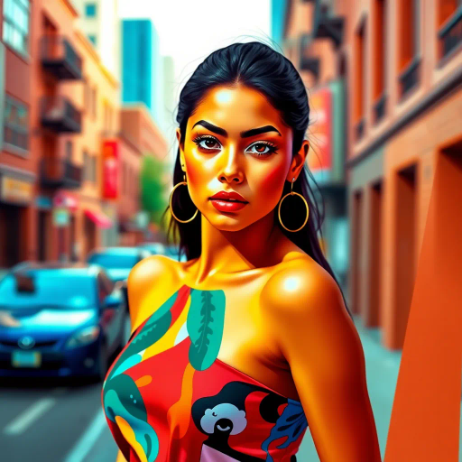 attractive, modern, young, Latino woman, vibrant colors, Diego Rivera influence, contemporary fashion, dynamic pose, expressive eyes, cultural richness, urban setting, soft lighting, youthful energy, fashion-forward, sleek lines, bold patterns, confident stance, digital brush technique, emotive expression, cultural fusion, vivid background, warm color palette, stylish elegance, layered textures, captivating presence, depth of field, artistic flair, mood of empowerment