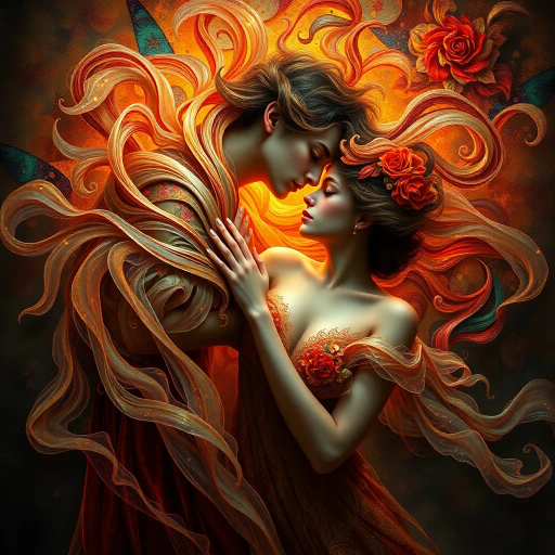 surrealism, vivid colors, soft lighting, sensual elegance, Klimt's influence, flowing forms, baroque, intimate atmosphere, chiaroscuro, romanticism, ethereal glow, fluid movements, passionate undertones, delicate textures, dreamlike quality, emotional depth, intimate framing, lush details, evocative imagery, tantalizing allure