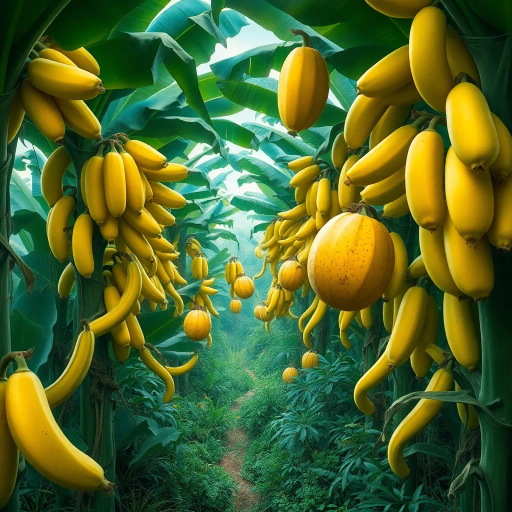 surreal, banana grove, Salvador Dali, vibrant yellows, twisting forms, dreamlike landscape, whimsical, surrealism movement, Chiaroscuro lighting, lush foliage, exotic ambiance, Jungian symbolism, oversized fruit, David LaChapelle influence, tropical paradise, soft textures, dynamic curves, playful energy, otherworldly, lush greens, intricate patterns, metaphorical, vivid imagination