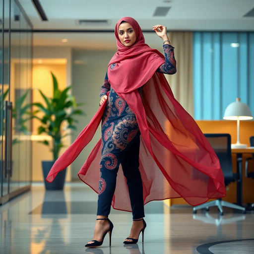 elegant Arab woman, wearing a sophisticated hijab, modern workplace setting, professional environment, high heels, Middle Eastern cultural influences, contemporary art vibe, intricate patterns and textures, vibrant and rich colors, soft and diffused lighting, dynamic and poised pose, cultural expression highlighted, delicate and flowing fabrics, confident and empowered demeanor, sophisticated fashion sense, grace and poise captured, diverse representation, cultural fusion elements, celebration of empowerment, modernism mixed with Impressionist influences, focus on human form, balance and harmony, artistic elegance, Henri Matisse inspiration, fluid lines, dynamic composition, vivid cultural narrative