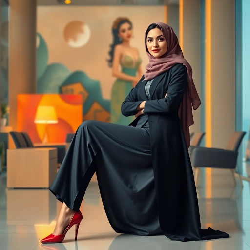 elegant Arab woman, professional attire, contemporary workspace, office heels, Gustav Klimt influence, modern Middle Eastern architecture, vibrant color palette, sleek design, impressionistic brushwork, soft lighting, abstract background, cultural elegance, dynamic composition, intricate details, confident pose, modern feminism, silky textures, poised expression, harmonious balance, cultural identity, visual storytelling, bustling ambiance