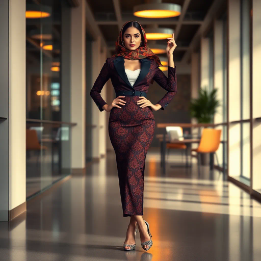 Arab lady, hijab, professional setting, elegance, modern workplace, high heels, grace, long legs, contemporary fashion, vibrant colors, Henri Matisse, impressionistic lighting, cultural fusion, confident composition, smooth textures, chic office attire, dynamic pose, minimalistic design, elegance, bustling office, refined aesthetics, empowerment, subtle sophistication, urban environment, creative space, harmony in diversity, timeless beauty, lateral perspective, graceful movement, cross-cultural artistry, sleek lines