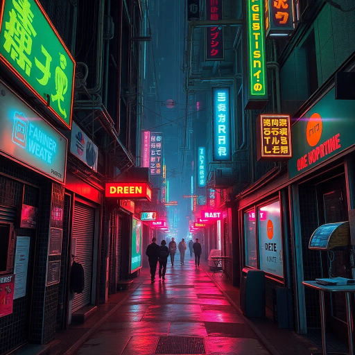 cybernetic underworld, digital zeitgeist, dystopian metropolis, hacker culture, William Gibson influence, neon lights, glitch aesthetics, surveillance motifs, dark alleyways, digital rebellion, high contrast, vibrant color palette, virtual reality, cyberpunk iconography, data streams, futuristic fashion, encrypted data, covert operations, digital espionage, techno soundtrack, urban labyrinth, coded messages, subversive art, digital frontier