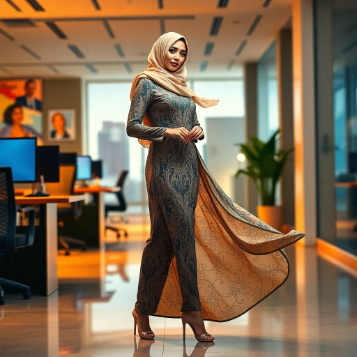 Arab woman, elegant hijab, professional setting, modern workplace, high heels, Middle Eastern culture, contemporary art, intricate patterns, vibrant colors, soft lighting, dynamic pose, cultural expression, delicate fabrics, office environment, confident demeanor, sophisticated fashion, grace and poise, diverse representation, cultural fusion, empowerment, modernism, Impressionism influences, dynamic composition, vibrant palette, atmospheric lighting, Henri Matisse, graceful movement, cultural harmony, impressionistic brushwork, fluid elegance, modernist architecture, Middle Eastern motifs, stylish sophistication, emotional resonance, human form, balance and harmony
