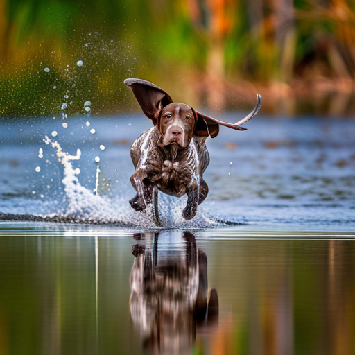 German Shorthair Pointer, Hunting Dogs, Nature, Outdoor Photography, Animal Behavior, Point, Prey Drive, Breeds, Wild Game, Bird Hunting, Scent, Tracking, Camouflaged, Agility, Trained, Field Trial, Energetic, Athletic, Muscular, Intelligent, Sporting Dogs, Gundogs, Game Birds, Bird Dogs, Canine, Hunting Equipment, Action Shots, Hunting Techniques, Wildlife, Hunting Season, Hunting Gear, Hunting Scenery, Stamina, Speed, Majestic, Natural Reserve, Golden Hour Light, Brown Coat, Rule of Thirds, Movement, Defocused Background, Green Tones, Yellow Tones, Texture, Spot Markings, High Level of Detail, Essence of the Breed