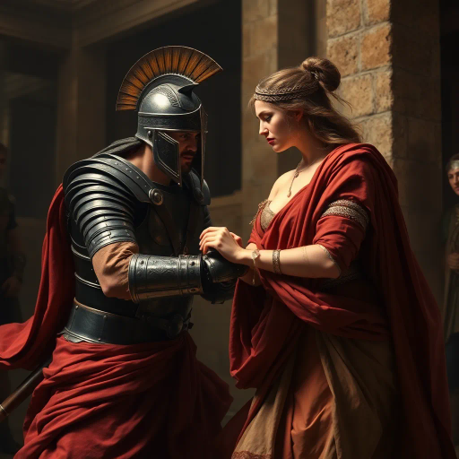 Visigothic warrior, Roman lady, Sack of Rome 410CE, epic historical scene, dramatic lighting, chiaroscuro, intricate armor details, flowing Roman garments, realism, dynamic composition, intense mood, historical figures, late antiquity, turbulent atmosphere, powerful symbolism, conflict and culture clash, intense emotions, classical architecture, ruin and decay, grand scale, meticulous textures, tension and movement, aged patina, historical authenticity, evocative storytelling, warriors in action, contrast and harmony, rich color palette, accurate period costumes