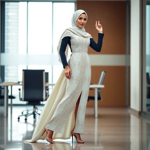 Arab woman, elegant hijab, professional setting, modern workplace, high heels, Middle Eastern culture, contemporary art, intricate patterns, vibrant colors, soft lighting, dynamic pose, cultural expression, delicate fabrics, office environment, confident demeanor, sophisticated fashion, grace and poise, diverse representation, cultural fusion, empowerment, modernism, Impressionism influences, human form, balance and harmony, Claude Monet, cultural symbolism, intricate embroidery, fluid lines, dynamic composition, vibrant palette, light and shadows, modern elegance, textured surfaces, cultural richness, urban setting, artistic empowerment, emotional depth, expressive gesture, harmonious design