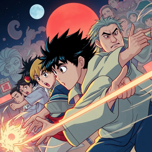 dynamic movement, vibrant line work, expressive characters, dramatic angles, Studio Ghibli influence, neon lighting, nostalgic atmosphere, Taisho era inspiration, intricate backgrounds, pastel color palette, stylized action, emotional storytelling, Ukiyo-e references, high-contrast shading, fantastical elements, layered compositions, cultural symbolism, epic adventure, visual storytelling, cinematic framing, detailed facial expressions