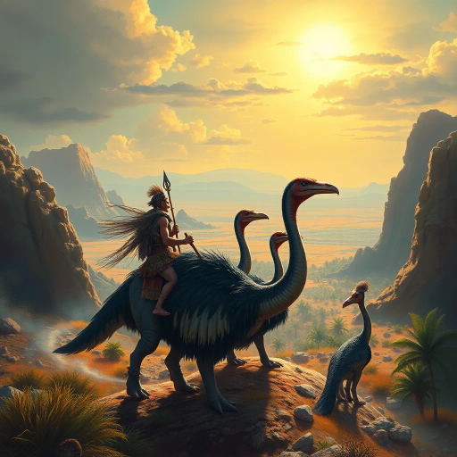 ancient warriors, clad in animal skins, riding cassowary-like dinosaurs, oasis and desert horizon, dramatic and dynamic lighting, epic scale, vibrant and vivid colors, imaginative mythological narrative, prehistoric landscape, tribal and tribal culture, intense and surreal atmosphere, panoramic view, mystical and primal energy, textured and rich surfaces, cinematic and adventurous framing, untamed wilderness, rich detail, Jean Giraud and Maxfield Parrish influence, expressive and whimsical brushstrokes, convergence of eras, fantastical creatures, paleontological fantasy, Maurice Sendak touch, storytelling composition, exotic and prehistoric flora, lavish detailing, time-travel themes, exotic landscape, adventurous spirit