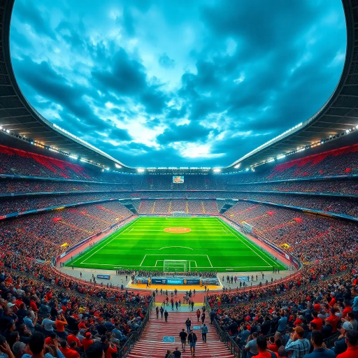 majestic football stadium, panoramic view, vibrant energy, modern architecture, vast crowd, immersive atmosphere, dynamic lighting, vivid colors, iconic sports venue, dramatic sky, high-detailed textures, lively movement, cultural spectacle, wide-angle perspective, epic scale, contemporary design, exhilarating moment, sporting tradition, architectural grandeur, Helmut Newton, cinematic presence, rich saturation, realistic composition, dynamic interplay, elevated perspective, urban spectacle, emotional intensity, global sporting event, futuristic touches, atmospheric depth, renowned architects