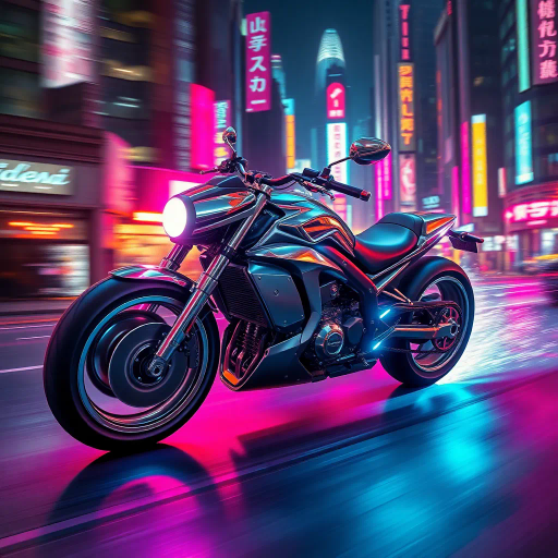futuristic motorcycle, sleek design, dynamic movement, vibrant neon lighting, retro-futurism aesthetics, Ralph McQuarrie influence, cyberpunk cityscape, speed and energy, chrome finishes, intricate mechanical details, kinetic composition, bold contrasts, urban night setting, digital rendering techniques, motion blur, concept art, streamlined form, synthetic materials, high contrast shadows, immersive environment, Akira inspiration, Blade Runner ambiance, luminous reflections, electric hues, cutting-edge technology, cinematic angles, futuristic metropolis, pulsating vibrancy, electric blue, vibrant magenta, luminous highlights, high-tech atmosphere, neon glow, synthetic textures, Ralph McQuarrie aesthetics, dynamic perspective, cityscape immersion