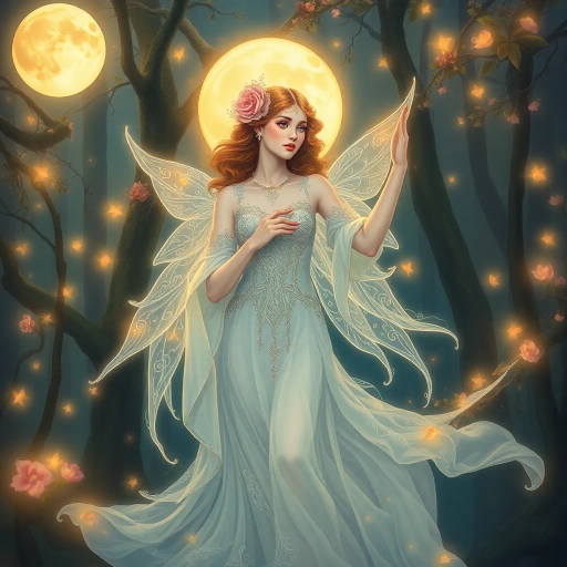 ethereal maiden, surrounded by mystical aura, Alphonse Mucha influence, art nouveau, flowing garments, intricate patterns, soft pastel colors, glowing ambient light, dreamlike atmosphere, elegant posture, delicate features, intricate jewelry, enchanted forest setting, gentle breeze, harmony with nature, serene expression, romanticism, whimsical vibe, moonlit scene, delicate brushstrokes, shimmering highlights