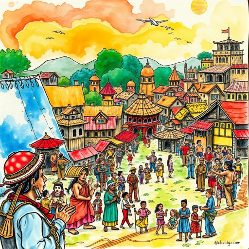 diverse cultures, historical influences, vivid colors, dynamic composition, narrative storytelling, multicultural societies, ink and watercolor, anthropological themes, vibrant patterns, exploratory journey, social interaction, graphic novel style, detailed settings, character-driven scenes, educational focus, world history, iconic figures, socio-political commentary, layered textures, artistic expression, educational tone