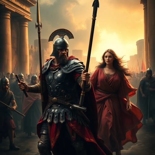 Visigothic warrior, Roman lady, Sack of Rome 410CE, epic historical scene, dramatic lighting, chiaroscuro, intricate armor details, flowing Roman garments, realism, dynamic composition, intense mood, historical figures, late antiquity, turbulent atmosphere, powerful symbolism, conflict and culture clash, intense emotions, classical architecture, ruin and decay, grand scale, meticulous textures, tension and movement, aged patina, historical authenticity, evocative storytelling, warriors in action, contrast and harmony, rich color palette, accurate period costumes