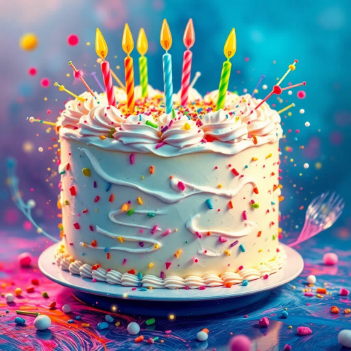 vivid birthday cake, intricate details, vibrant colors, surrealism, whimsical, dream-like, fantastical elements, splashes of paint, soft glow, celebratory mood, contemporary, dynamic composition, pastel hues, icing texture, multicolored sprinkles, playful elements, multi-layered structure, high contrast, delicate frosting, creative presentation, joyful ambiance, artistic flair, imaginative design, cake artistry, festive atmosphere, imaginative presentation, dynamic movement, Salvador Dali, Marc Chagall, pop-art influences, ethereal lighting, impressionistic brushstrokes, dream-like textures, visual harmony, chromatic splendor, joyous expression, cultural festivities, artistic visionary, enchanting scene