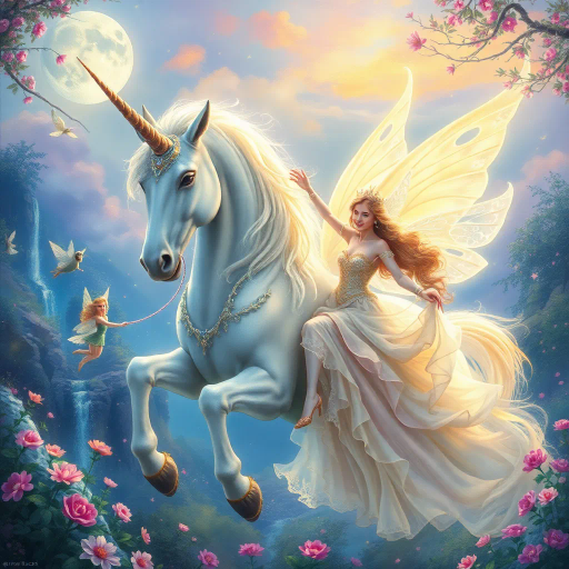 mythical unicorn, enchanting fairies, regal princess, ethereal glow, vibrant pastel colors, dreamlike landscape, intricate detail, romanticism, whimsical essence, magical realism, baroque influences, delicate brushstrokes, shimmering textures, enchanted forest, twilight ambiance, ethereal beauty, imaginative composition, vibrant flora, surreal atmosphere, celestial light, fairytale dimension, mythical creatures, gentle aura, serene emotion, opulent attire, mystical symbolism, fantasy narrative, luminescent wings, flowing gowns, stardust, Arthur Rackham, delicate features, moonlit scenery, shimmering waterfalls, storybook charm, celestial aura, timeless fantasy, fairytale whimsy, iridescent tones, enchanting realm, mystical ambiance