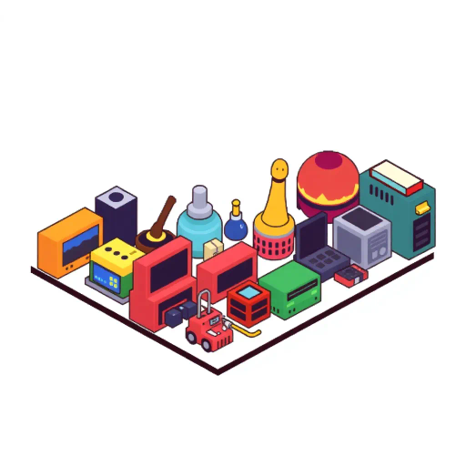 minimalist design, iconography, row of objects, isometric perspective, retro pixel style, 8-bit aesthetics, vibrant color palette, inspired by 1980s video games, blocky shapes, dynamic arrangement, simplicity, clarity, visual balance, small-scale, graphic design, sharp outlines, whimsical charm, playful presentation, tech influence, grid layout, nostalgic feel